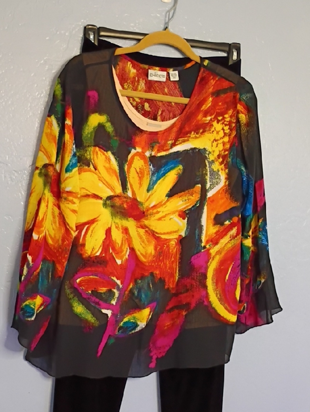Chico's Sheer Floral Tunic - Black with Yellow, Orange & Pink